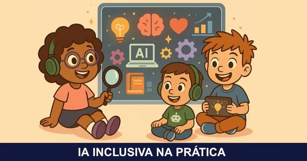 psicopedagogia-inclusiva-com-inteligencia-artificial Três personagens da Turminha Inclusiva — Loli, Nico e Beni — explorando uma tela digital com ícones de IA, cérebro, coração e engrenagens, representando a psicopedagogia inclusiva com tecnologia e empatia.