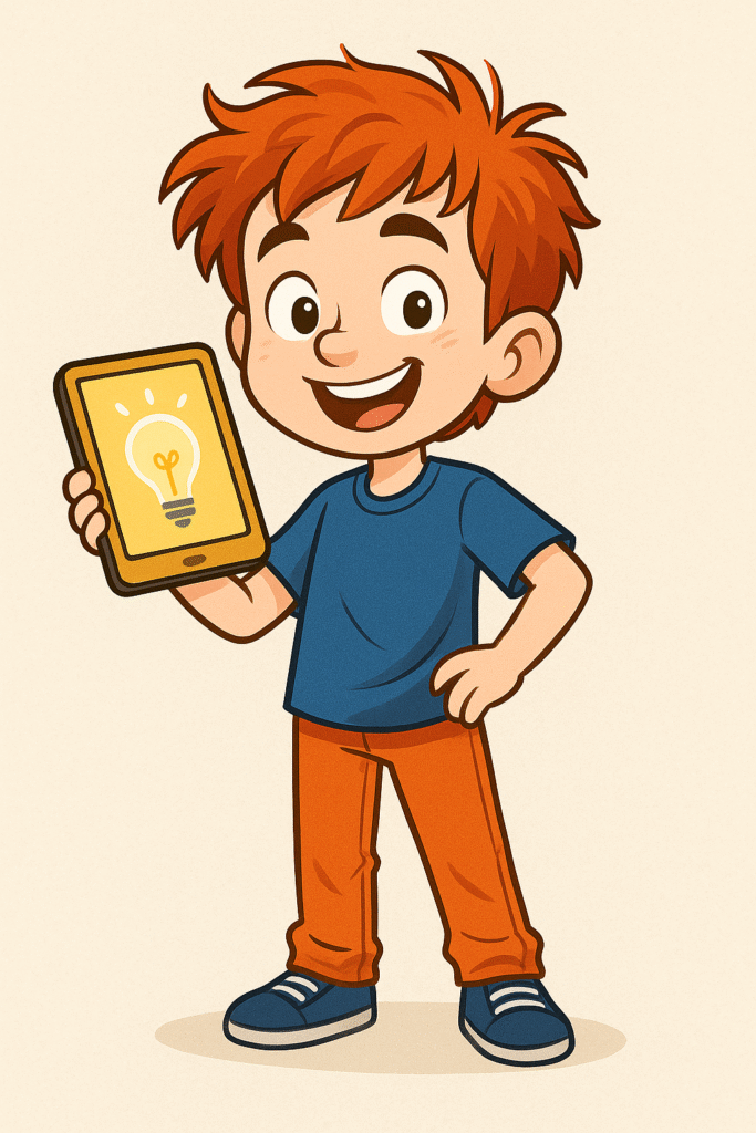 Beni Ilustração do personagem Beni, menino branco com cabelo ruivo bagunçado, camiseta azul e calça laranja, segurando um tablet, cheio de energia e criatividade, representando o TDAH.