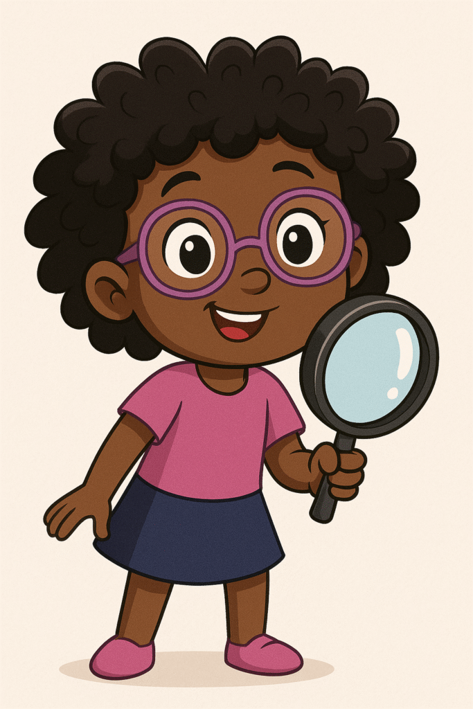 Loli Ilustração da personagem Loli, menina negra com cabelo cacheado, óculos roxos, camisa rosa e saia azul marinho, segurando uma lupa com expressão curiosa, representando superdotação.