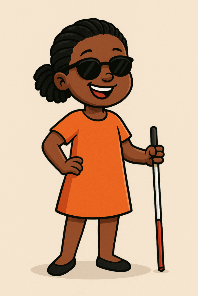 Luna Ilustração da personagem Luna, menina negra com tranças, vestido laranja, óculos escuros e bengala branca com ponta vermelha, simbolizando acessibilidade e protagonismo na deficiência visual.