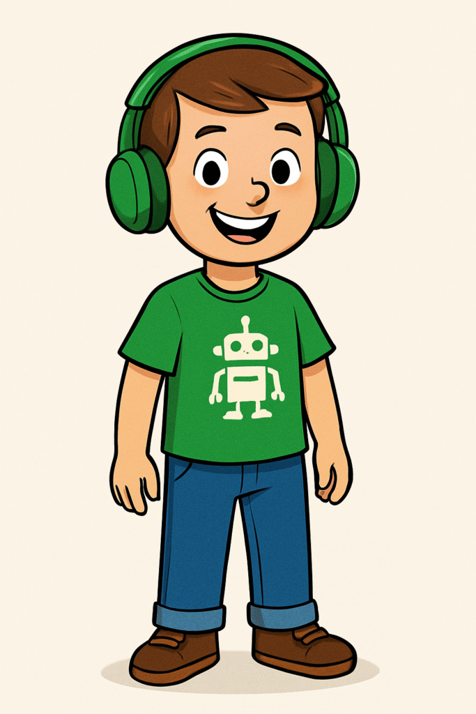 Nico Ilustração do personagem Nico, um menino autista com cabelo castanho curto, camiseta verde com ícone de robô, fone grande verde e expressão alegre, representando tecnologia e foco.