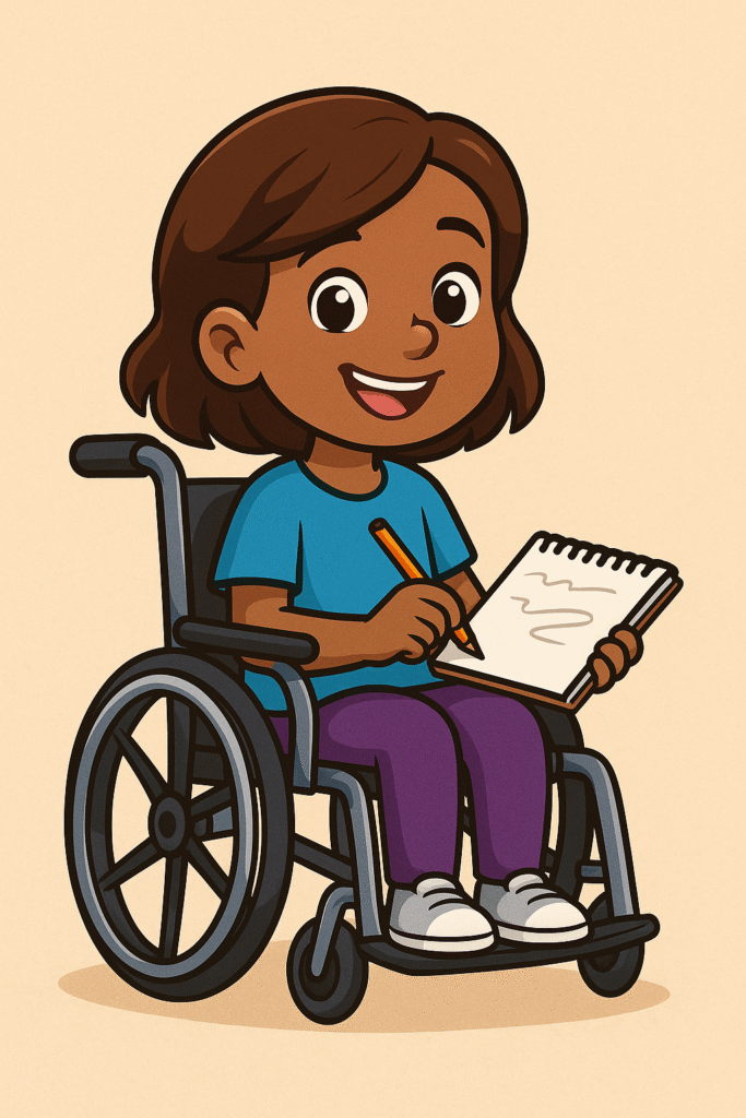 Sofia Ilustração da personagem Sofia, menina de pele morena em cadeira de rodas moderna, camiseta azul e calça roxa, desenhando em um caderno com expressão feliz, representando autonomia e arte