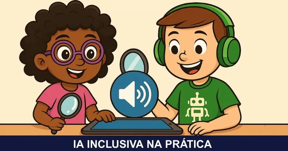 Ilustração da Turminha Inclusiva com Nico e Loli utilizando tecnologias de voz para apoiar estudantes com dislexia, representando acessibilidade e aprendizagem inclusiva com IA.