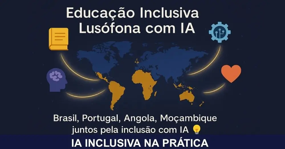 Mapa destacando os países lusófonos conectados pela educação inclusiva com Inteligência Artificial.