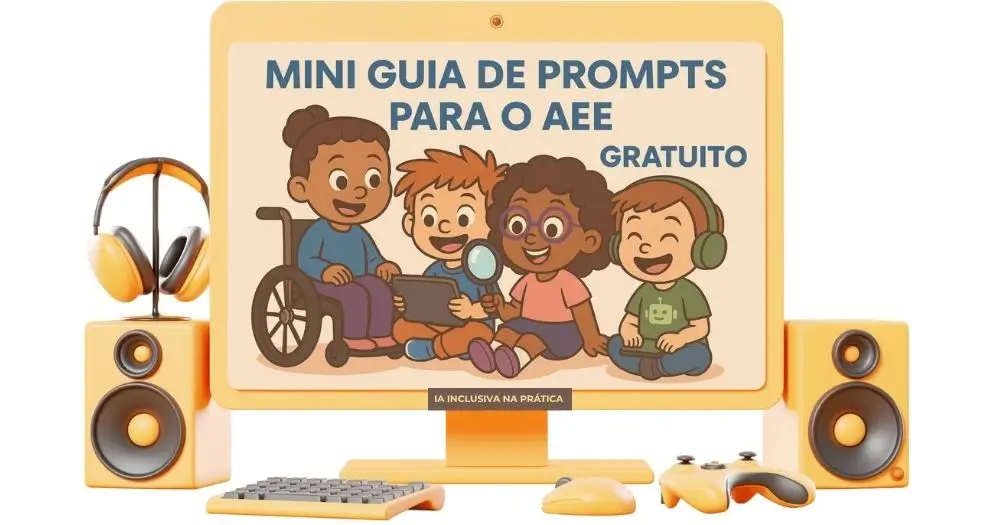 Turminha Inclusiva com Nico e Loli explorando o Mini Guia de Prompts para o AEE; alunos com diferentes habilidades usam tablet e lupa em um ambiente acolhedor e inclusivo.