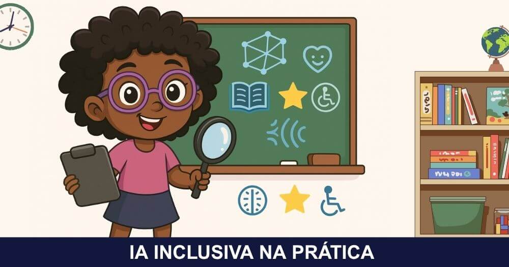 Ilustração da personagem Loli explicando a revisão do Decreto 12.686/2025 com símbolos de inclusão, PEI, IA e educação especial.