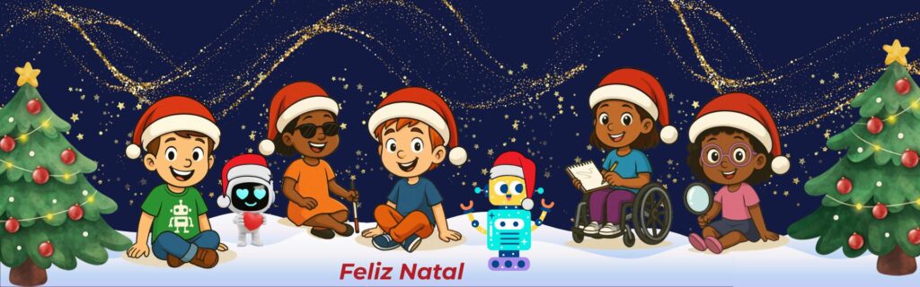 Turminha Inclusiva comemorando o Natal: crianças diversas e personagens da IA Inclusiva reunidos com gorros natalinos, árvores iluminadas e clima de inclusão.