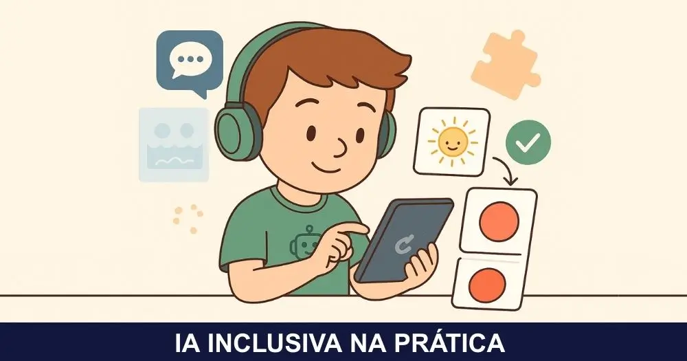 Ilustração de um aluno autista usando tablet com apoio visual, fones de ouvido e cartões de rotina, representando atividades adaptadas e o uso de IA na educação inclusiva.