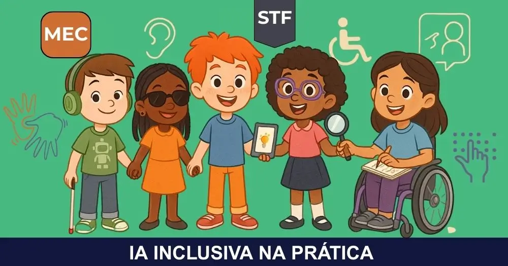 Ilustração da Turminha Inclusiva em ambiente escolar, com Nico, Luna, Beni, Sofia e Loli, acompanhados de ícones grandes de acessibilidade, MEC e STF, representando políticas públicas e ações de inclusão na educação.