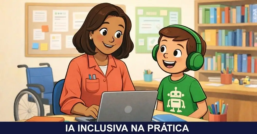 Professora planejando atividades pedagógicas no notebook com apoio da inteligência artificial, ao lado do personagem Nico, representando o uso consciente da IA na educação inclusiva e no PEI.