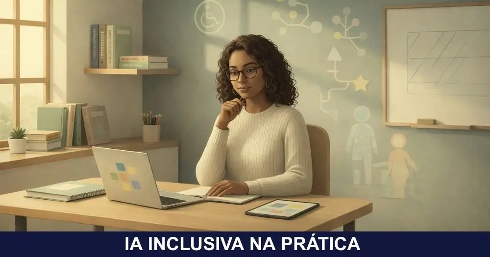 Professora brasileira planejando atividades pedagógicas com apoio da inteligência artificial em um ambiente educacional inclusivo, representando mediação humana, ética e responsabilidade no uso da IA.