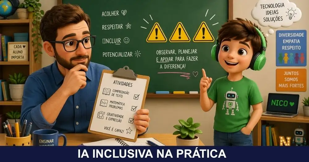 Professor pensativo analisando prancheta com atividades, com três sinais de alerta ao fundo representando erros comuns na adaptação para alunos com TEA.