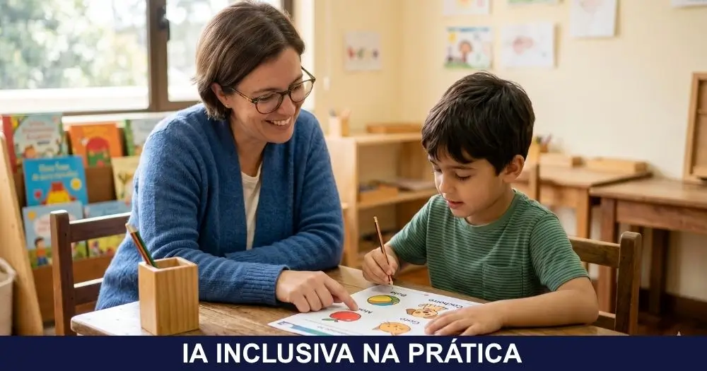 Professora adaptando atividade pedagógica para aluno com TEA em sala de aula inclusiva