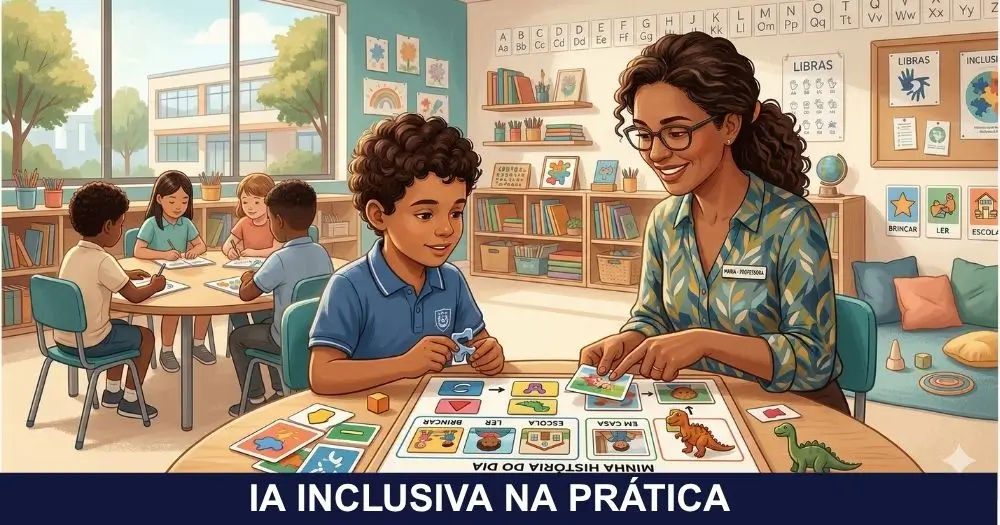 Professora acolhendo e orientando aluno autista em sala de aula inclusiva, com materiais visuais e ambiente pedagógico acessível
