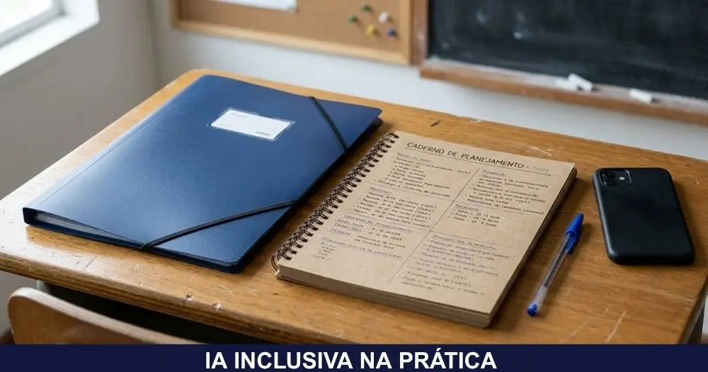 Pasta de documentos escolares fechada ao lado de celular, representando a proteção de dados de estudantes, a LGPD.