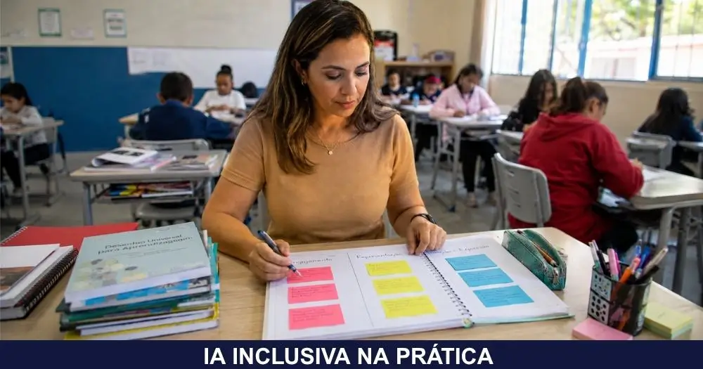 Professora planejando aula com Desenho Universal para a Aprendizagem em três colunas de estratégias