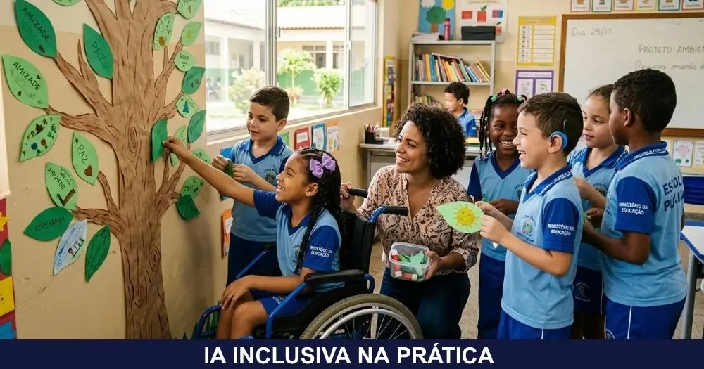 Crianças com e sem deficiência montam juntas uma árvore da turma em atividade de Setembro Verde na escola