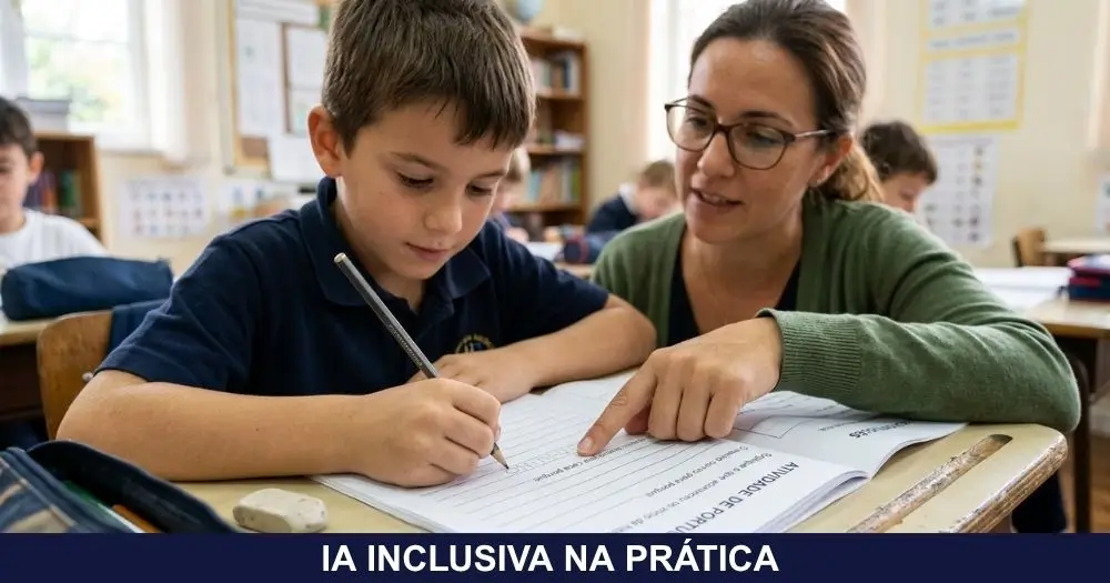 Professora e estudante revisando juntos uma atividade adaptada em sala de aula