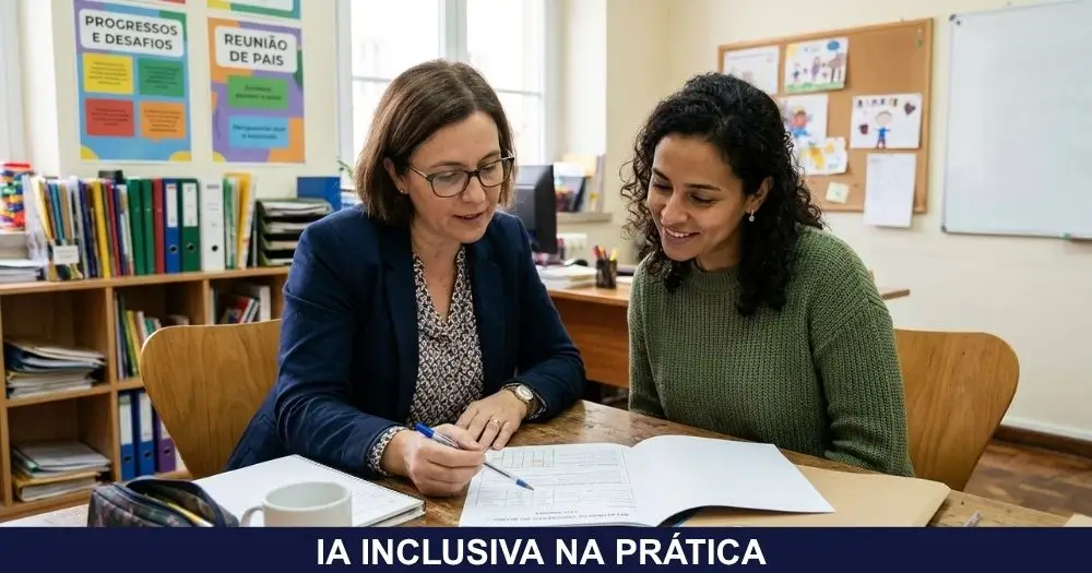 Professora e mãe sentadas lado a lado numa mesa da escola, olhando juntas para uma folha de papel