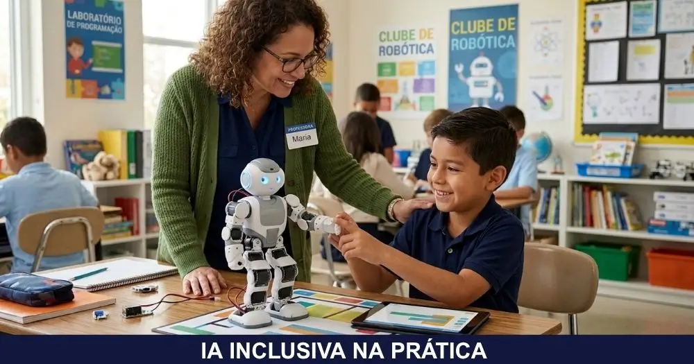 Professora sorridente com a mão no ombro de um aluno, que segura a mão de um pequeno robô humanoide sobre a mesa da sala de aula, ao lado de um tablet