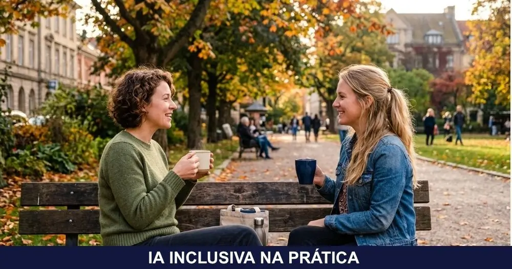 Duas mulheres conversando num banco de praça, uma delas segurando uma xícara